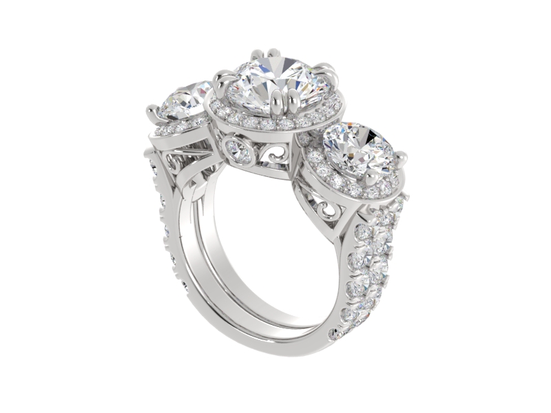 Triple Halo Three-Stone Ring